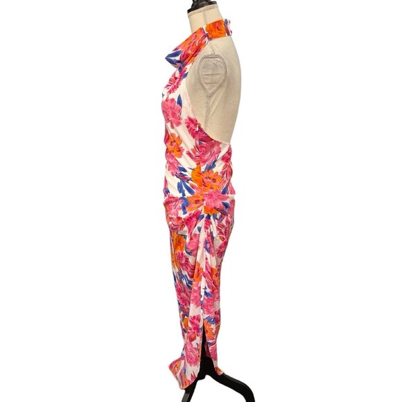 Acoa Dress Womens M Satin Floral Halter‎ Open Back Maxi Asymmetrical Vacation - Picture 2 of 11